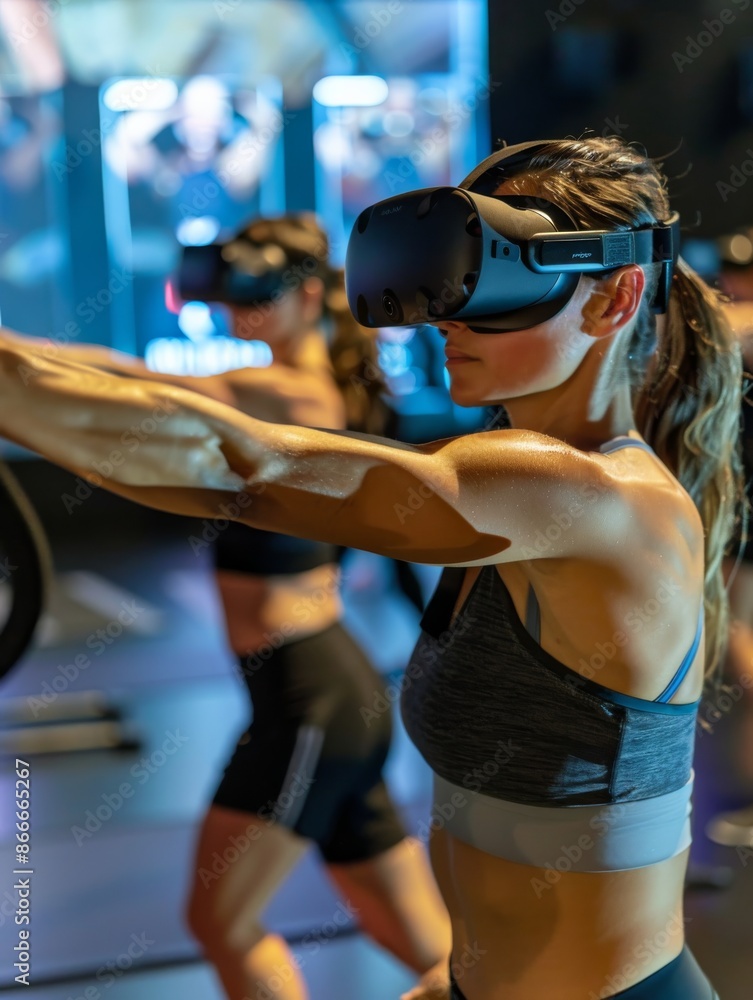 Woman Exercising With Virtual Reality Headset in Fitness Studio Woman Exercising With Virtual Reality Headset in Fitness Studio