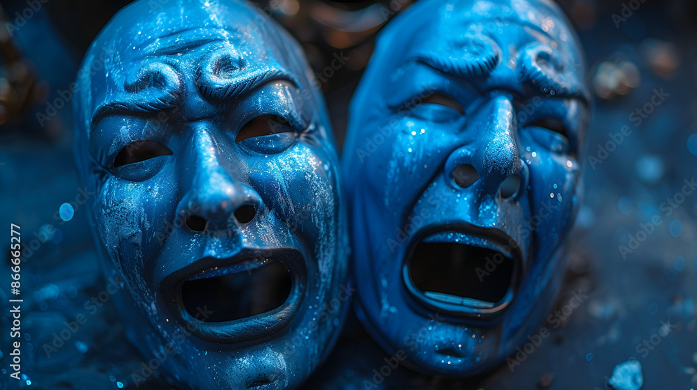 Two theatrical masks, one with a smiling face and the other with a frowning face. They are overlapping, with the smiling mask on top and the frowning one below. The masks are in shades of blue Two theatrical masks, one with a smiling face and the other with a frowning face. They are overlapping, with the smiling mask on top and the frowning one below. The masks are in shades of blue