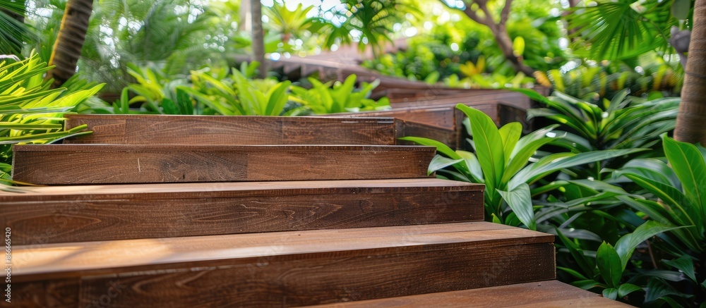 Wooden Staircase in Garden During Summer Season with Brown Steps and Copy Space for Advertisement, Luxury Resort Vacation Concept. Wooden Staircase in Garden During Summer Season with Brown Steps and Copy Space for Advertisement, Luxury Resort Vacation Concept.