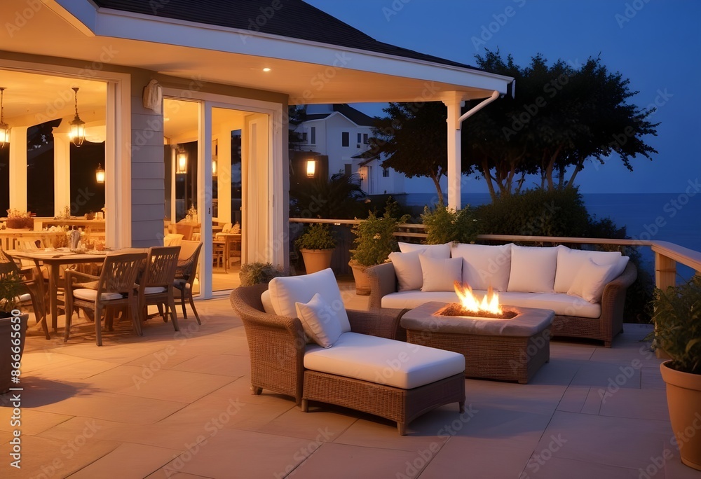 Fototapeta premium Warm outdoor patio in a modern classy villa by the sea at evening, warm light, candles, outdoor lights, sunset