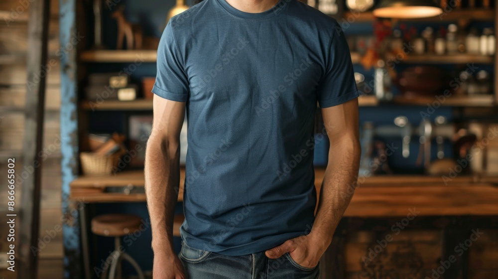 Obraz premium A man wearing a teal t-shirt, standing in a relaxed pose
