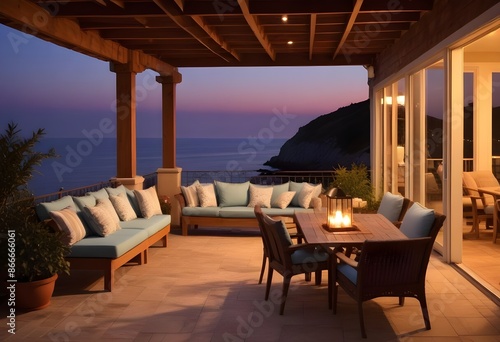 Warm outdoor patio in a modern classy villa by the sea at evening  warm light  candles  outdoor lights  sunset