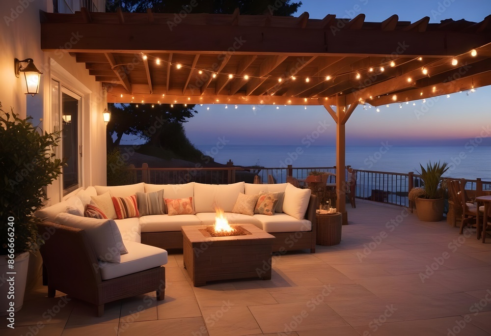 Warm outdoor patio in a modern classy villa by the sea at evening, warm light, candles, outdoor lights, sunset Warm outdoor patio in a modern classy villa by the sea at evening, warm light, candles, outdoor lights, sunset
