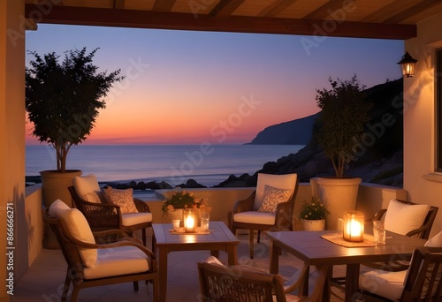Warm outdoor patio in a modern classy villa by the sea at evening  warm light  candles  outdoor lights  sunset