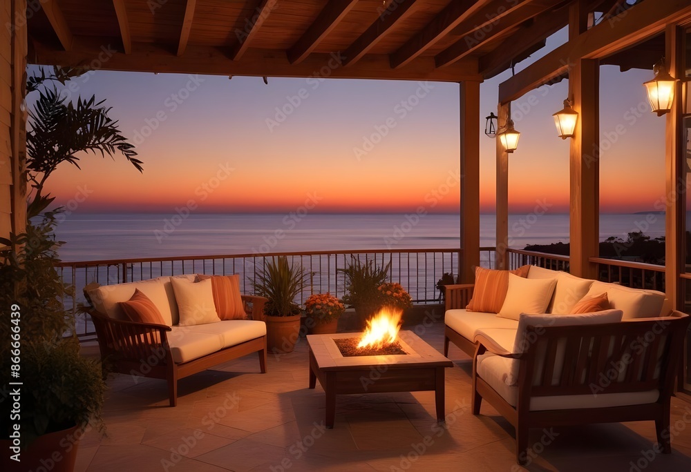 Warm outdoor patio in a modern classy villa by the sea at evening, warm light, candles, outdoor lights, sunset Warm outdoor patio in a modern classy villa by the sea at evening, warm light, candles, outdoor lights, sunset