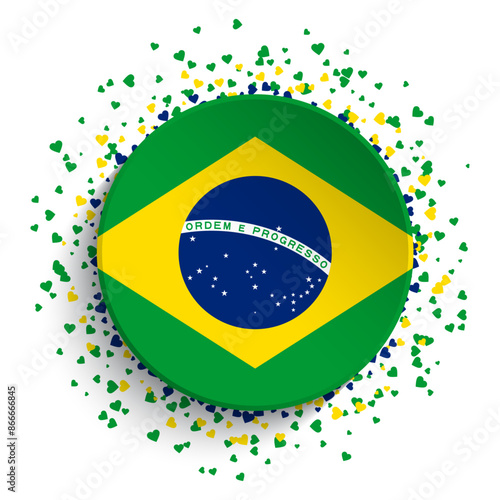 Round Brazil flag icon with confetti hearts
