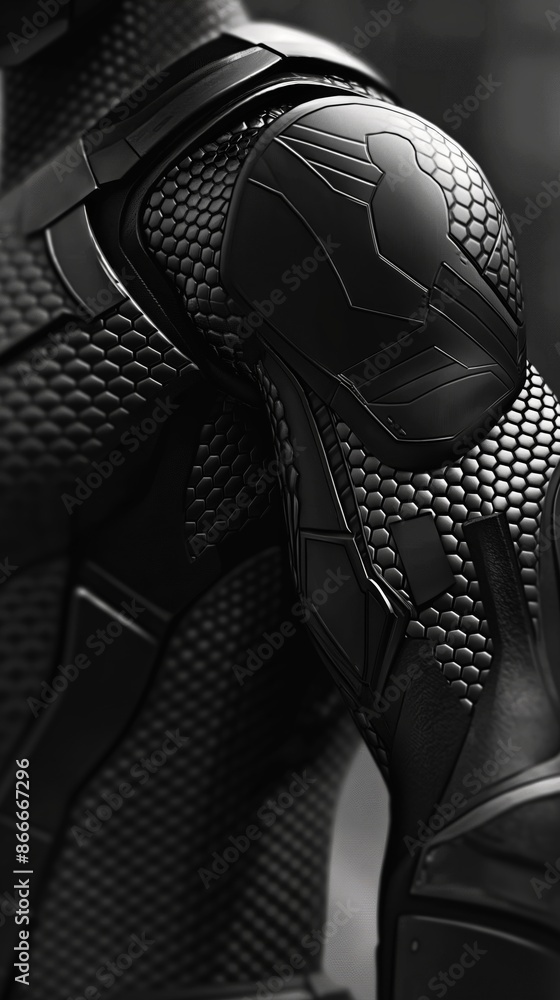 Futuristic black armored suit with helmet, hexagonal patterns, advanced design Futuristic black armored suit with helmet, hexagonal patterns, advanced design