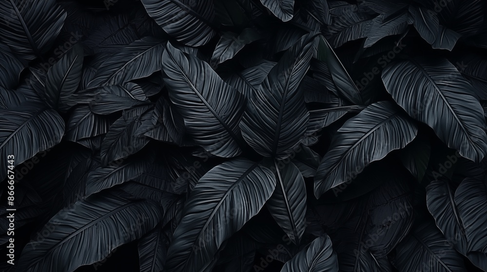 Fototapeta premium Closeup tropical black leaves texture and dark tone process, abstract nature pattern background.