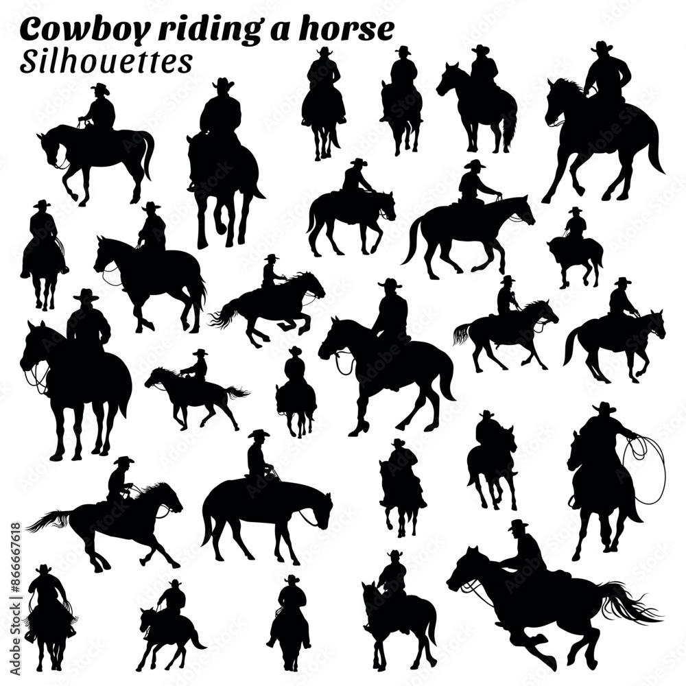 Fototapeta premium Cowboy riding a horse silhouette vector illustration set.