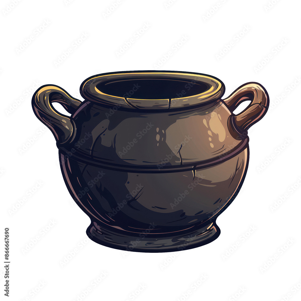 A rustic, antique ceramic pot with handles on each side, perfect for historical or vintage-themed decor and artwork. A rustic, antique ceramic pot with handles on each side, perfect for historical or vintage-themed decor and artwork.