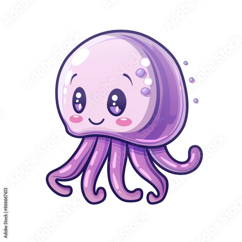 Cute cartoon jellyfish with adorable expression and purple colors, perfect for children's illustrations and underwater themed designs.