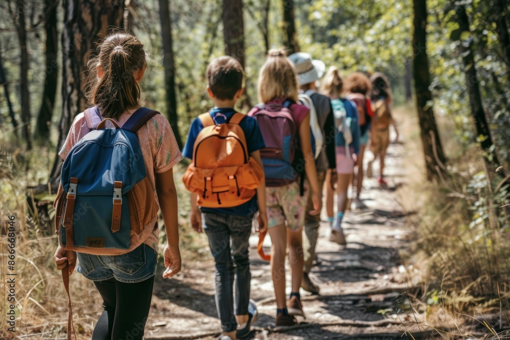 Children on a nature walk, exploring a sunny wooded trail Children on a nature walk, exploring a sunny wooded trail