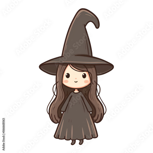 Cute cartoon witch with long hair and a tall hat, dressed in a classic black robe. Perfect for Halloween and magical themes. © BoOm