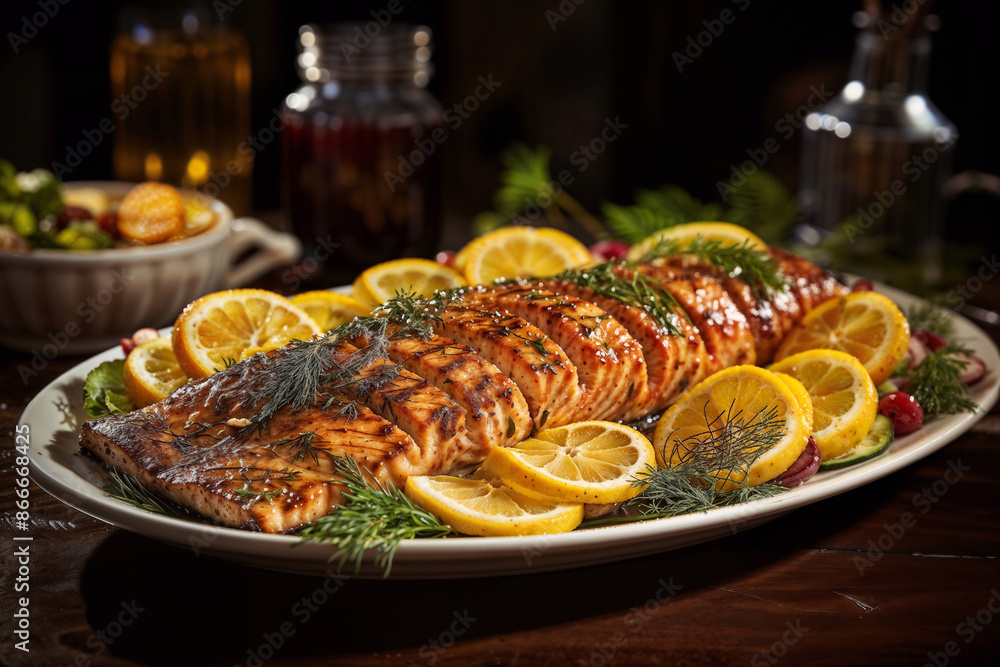 Grilled Salmon Fillet with Lemon Slices and Fresh Dill on White Platter Grilled Salmon Fillet with Lemon Slices and Fresh Dill on White Platter