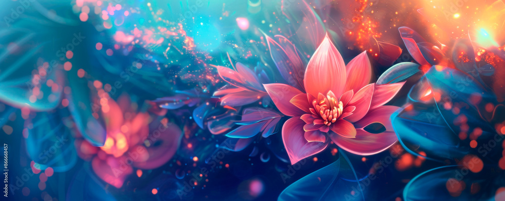 Beautiful digital flower against the background of glowing rays of an abstract lantern. Beautiful digital flower against the background of glowing rays of an abstract lantern.