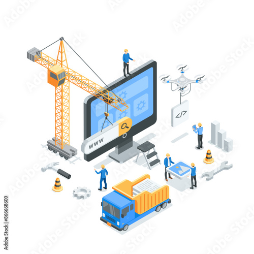 isometric vector team of developers working on creating and building a website, in color on a white background, crane and drone work or construction work