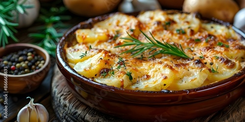 Golden cheesetopped potato gratin with herb accents elegant Gratin Dauphinois. Concept Recipe, Side Dish, Potatoes, Cheese, Herbs