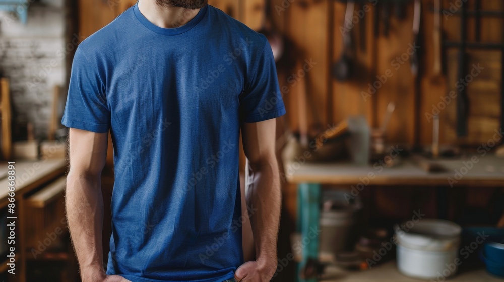 A man wearing a blank blue t-shirt stands in a workshop setting A man wearing a blank blue t-shirt stands in a workshop setting