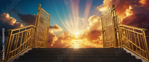 colorful clouds gold gate door and long stair way to heaven with dramatic lighting for banner with copy space