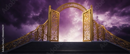 purple clouds gold gate door and long stair way to heaven with dramatic lighting for banner with copy space