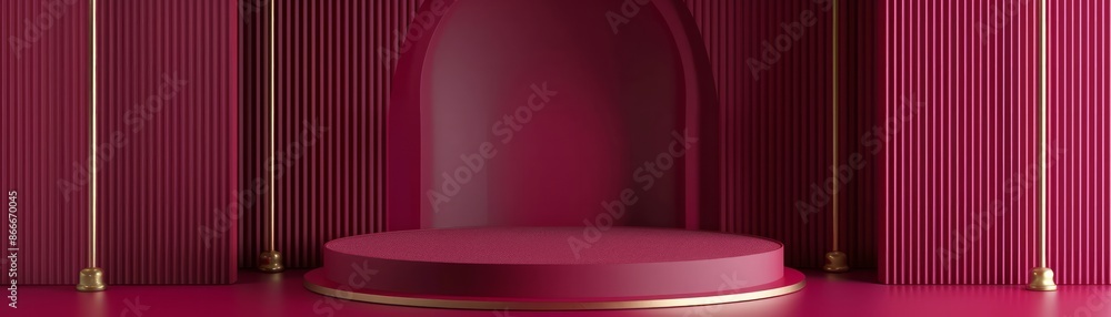 Elegant red podium backdrop with modern arch design, perfect for product display, fashion shoots, and dramatic presentations in a striking setting. Elegant red podium backdrop with modern arch design, perfect for product display, fashion shoots, and dramatic presentations in a striking setting.