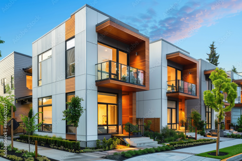 Elegant modular townhouses with sleek residential architecture in an urban setting, emphasizing contemporary design and modern living. Elegant modular townhouses with sleek residential architecture in an urban setting, emphasizing contemporary design and modern living.