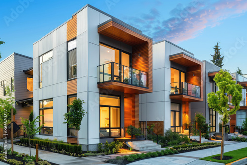 Elegant modular townhouses with sleek residential architecture in an urban setting, emphasizing contemporary design and modern living.