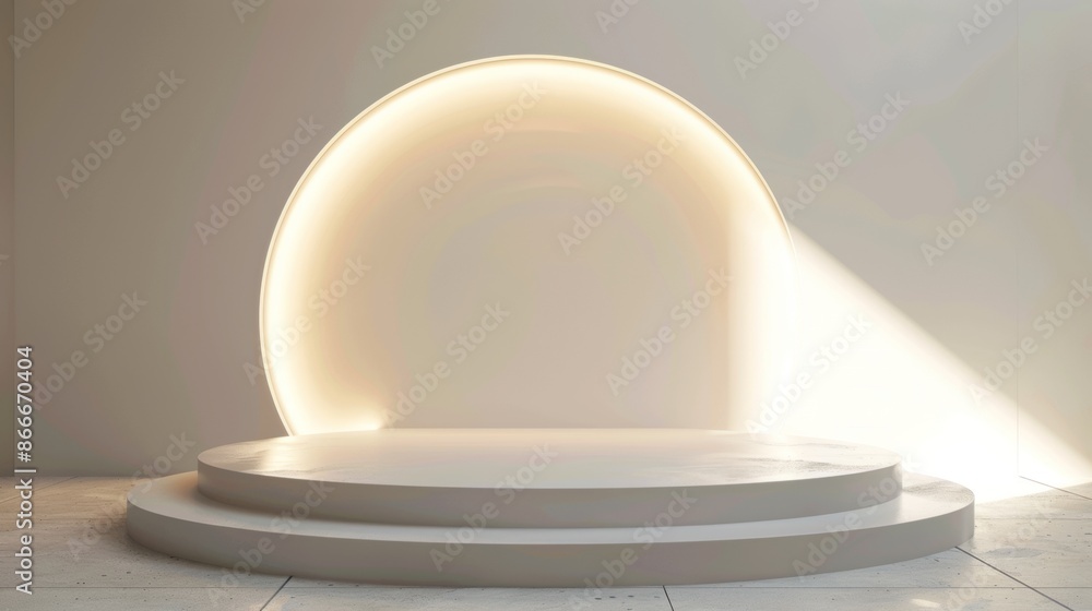 Minimalist Circular Platform With Light Beam and White Wall Minimalist Circular Platform With Light Beam and White Wall