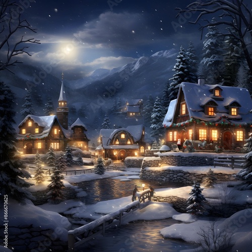 Winter night in the mountains. Christmas and New Year concept. Beautiful winter landscape.