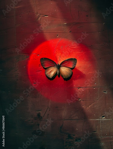Crimson Flight: A Vibrant Butterfly Against a Red Backdrop