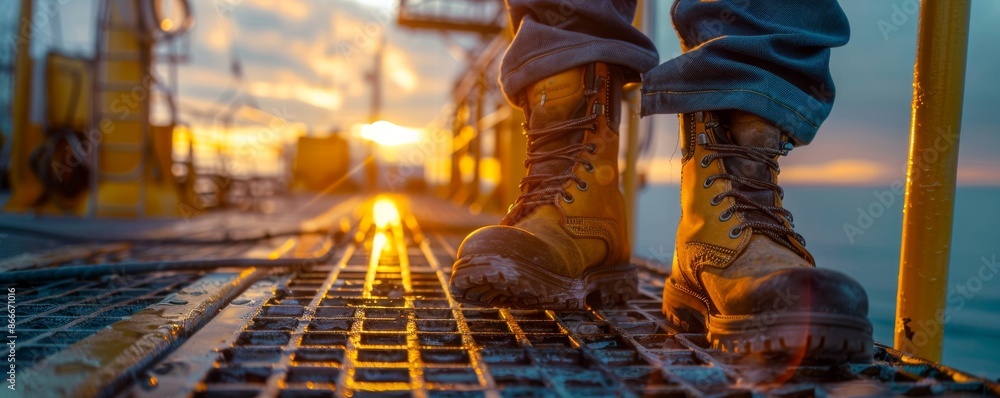 The close up picture view of the engineer is working inside the Ocean drilling rig and focus on the boots.