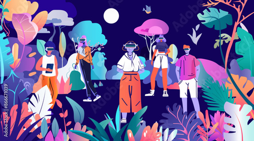 People wearing virtual reality headsets in a vibrant fantasy forest with colorful plants trees and moonlit sky