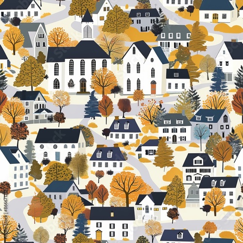 Illustrated autumn village scene with winding roads and colorful trees