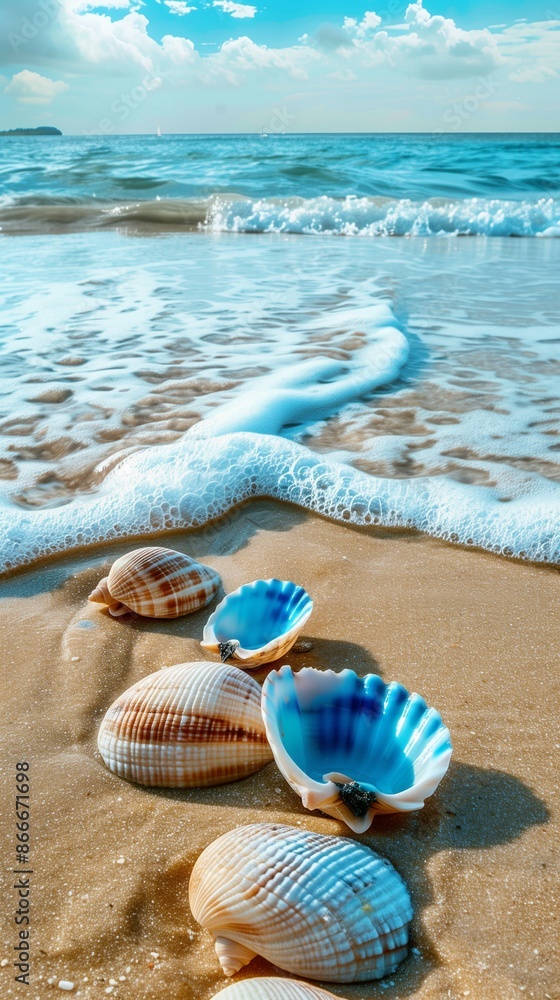 Serene tropical beach with blue seashells and gentle waves, perfect for summer promotions with text space Serene tropical beach with blue seashells and gentle waves, perfect for summer promotions with text space