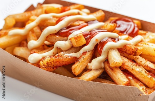 Crispy French Fries With Ketchup and Creamy Sauce in Paper Container