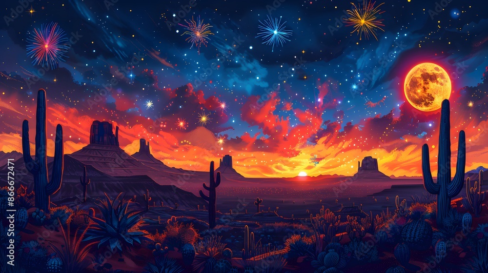 Naklejka premium Spicy Fireworks, LGBTQ community enjoying spicy Mexican food under a sky lit with Independence Day fireworks. Fauvism Art, polychromatic