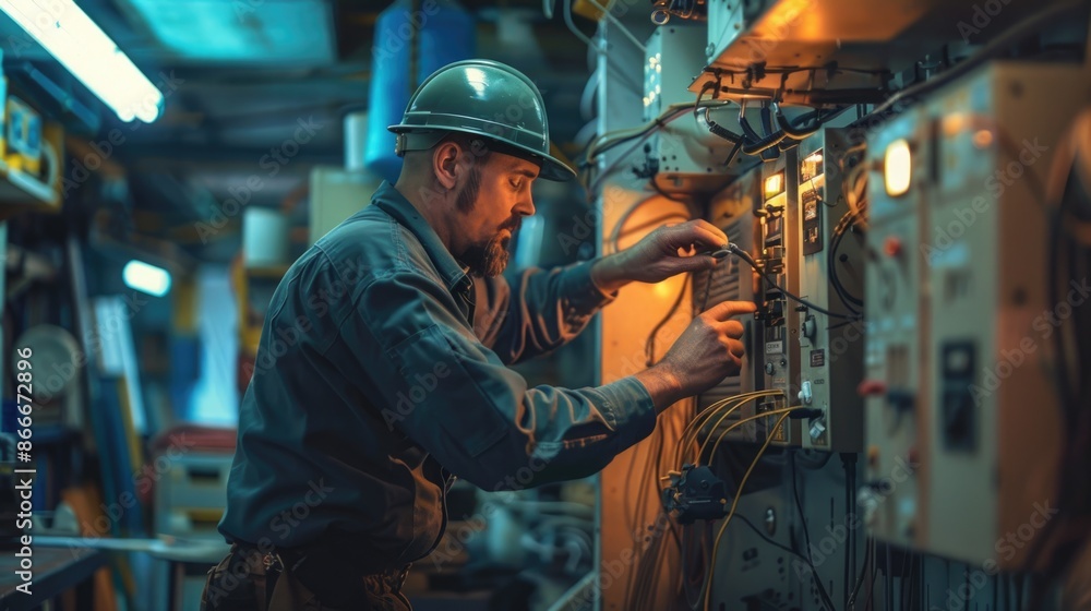 A marine electrician working on an electric panel in a workshop A marine electrician working on an electric panel in a workshop