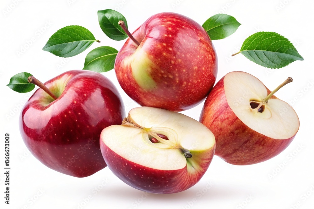 Apples with half slices falling or floating in the air Apples with half slices falling or floating in the air