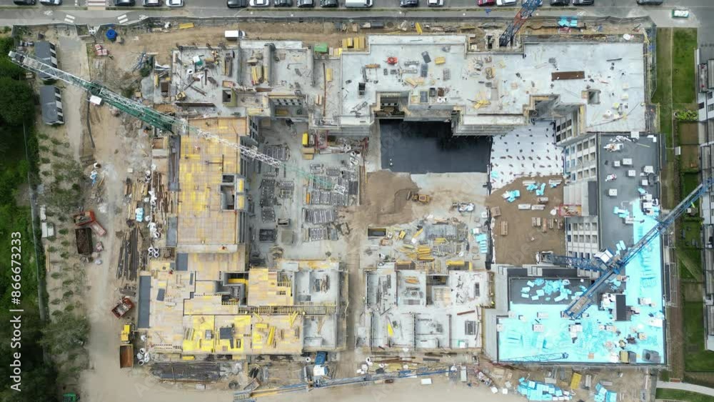 Aerial view of construction site with crane and building. Top view of big development construction and architecture Aerial view of construction site with crane and building. Top view of big development construction and architecture