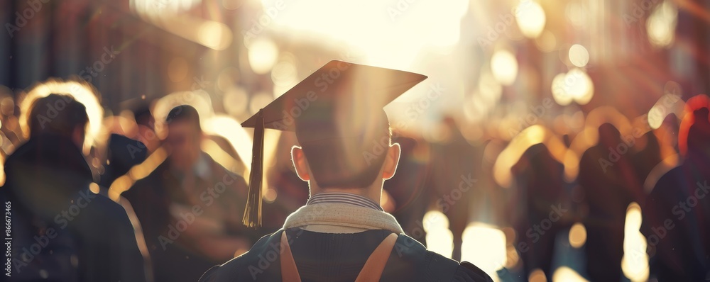 Male graduate wearing a cap and gown to prepare for the graduation ...