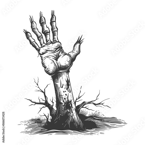 Zombie Hand Emerging: Spooky Grave Illustration, Grayscale Horror.