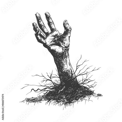 Grasping from Earth: Etched Zombie Hand, Rising from the Grave with Twisted Roots, Monochrome Horror Concept.
