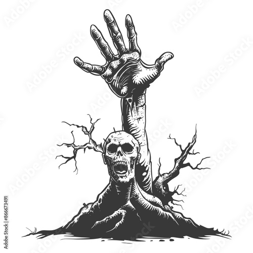Grave Rising: Sketched Zombie Hand, Skull, and Twisted Roots.