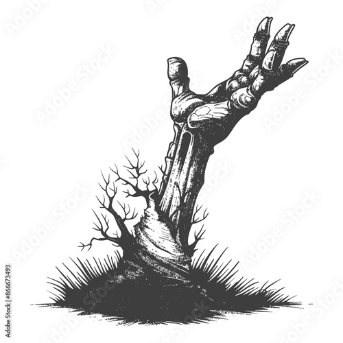 Emerging Hand: Etched Zombie Arm Bursting from Roots and Grass, Monochromatic Horror.