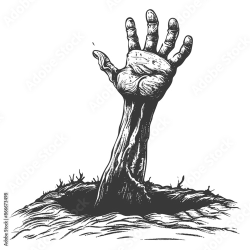 Engraved Zombie Hand Rising from Grave, Horror Graphic Illustration.