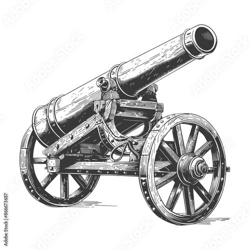 Engraved Cannon: Antique Artillery, Detailed Wood Wheels, Vintage Warfare Illustration.