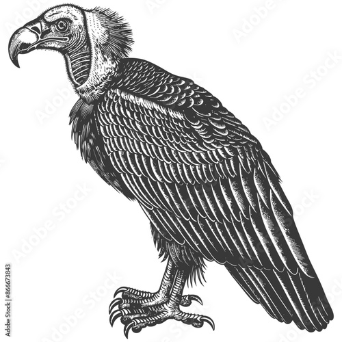 Detailed Vulture Illustration: Engraved Bird of Prey with Clawed Feet.