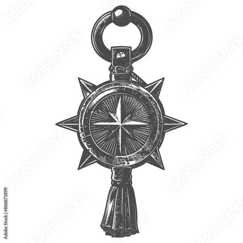 Engraved Celestial Compass Amulet: Vintage Style with Ring and Tassel Detail