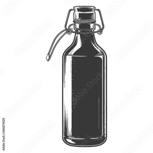 Vintage Style Glass Bottle with Swing Top Closure, Black and White Illustration.