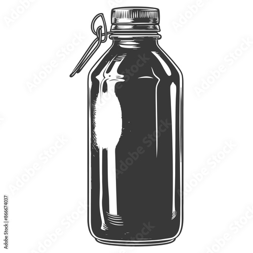 Vintage Dark Glass Bottle: Hand-Drawn, Screw-Top, Wire Bail Closure, Monochrome Illustration.